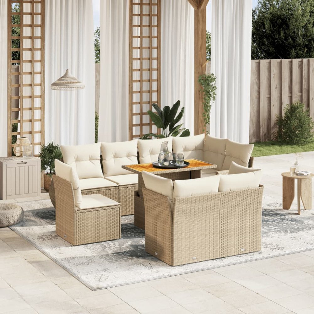 vidaXL Soffgrupp för trädgården med dynor 9 delar beige konstrotting
