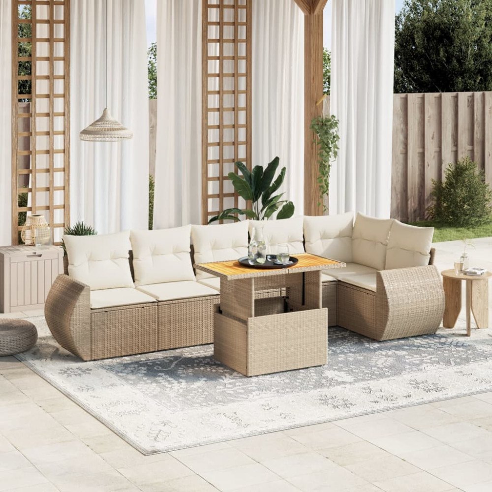 vidaXL Matgrupp för trädgården med dynor 7 delar beige konstrotting