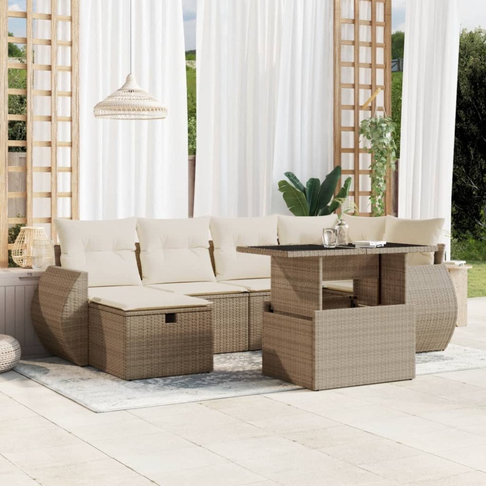 vidaXL Matgrupp för trädgården med dynor 7 delar beige konstrotting