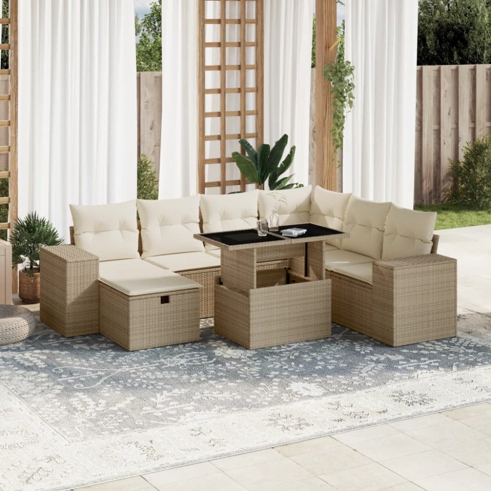 vidaXL Matgrupp för trädgården med dynor 8 delar beige konstrotting