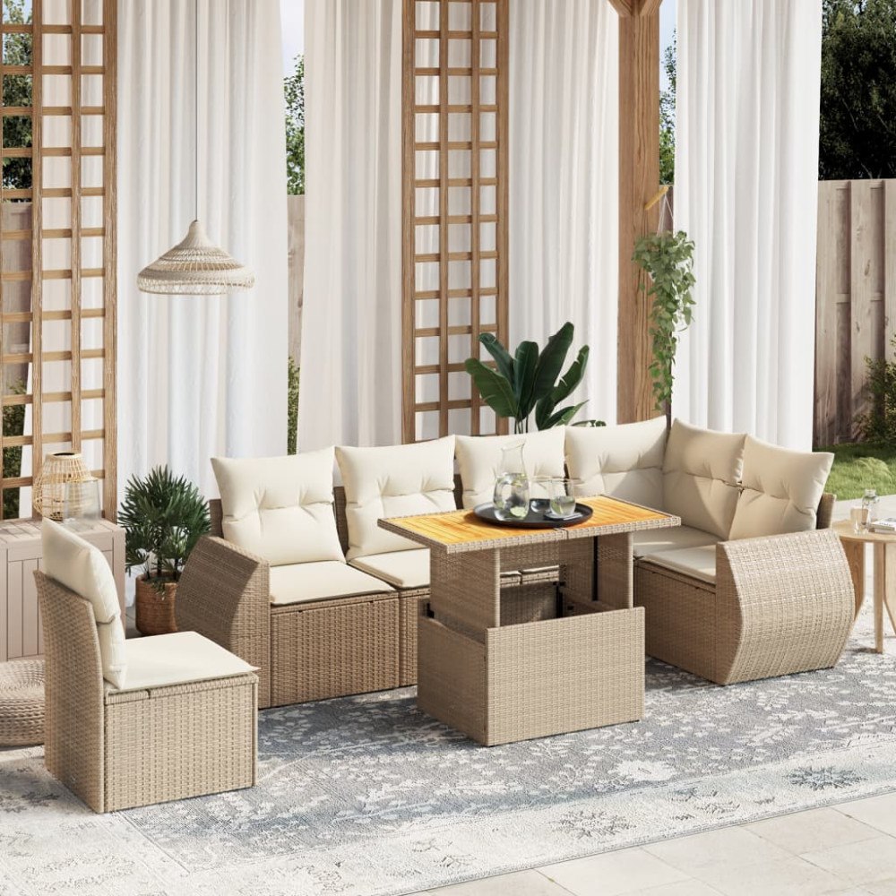 vidaXL Matgrupp för trädgården med dynor 7 delar beige konstrotting