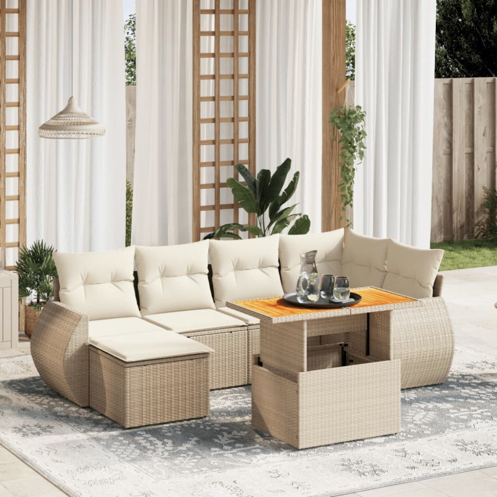 vidaXL Matgrupp för trädgården med dynor 7 delar beige konstrotting
