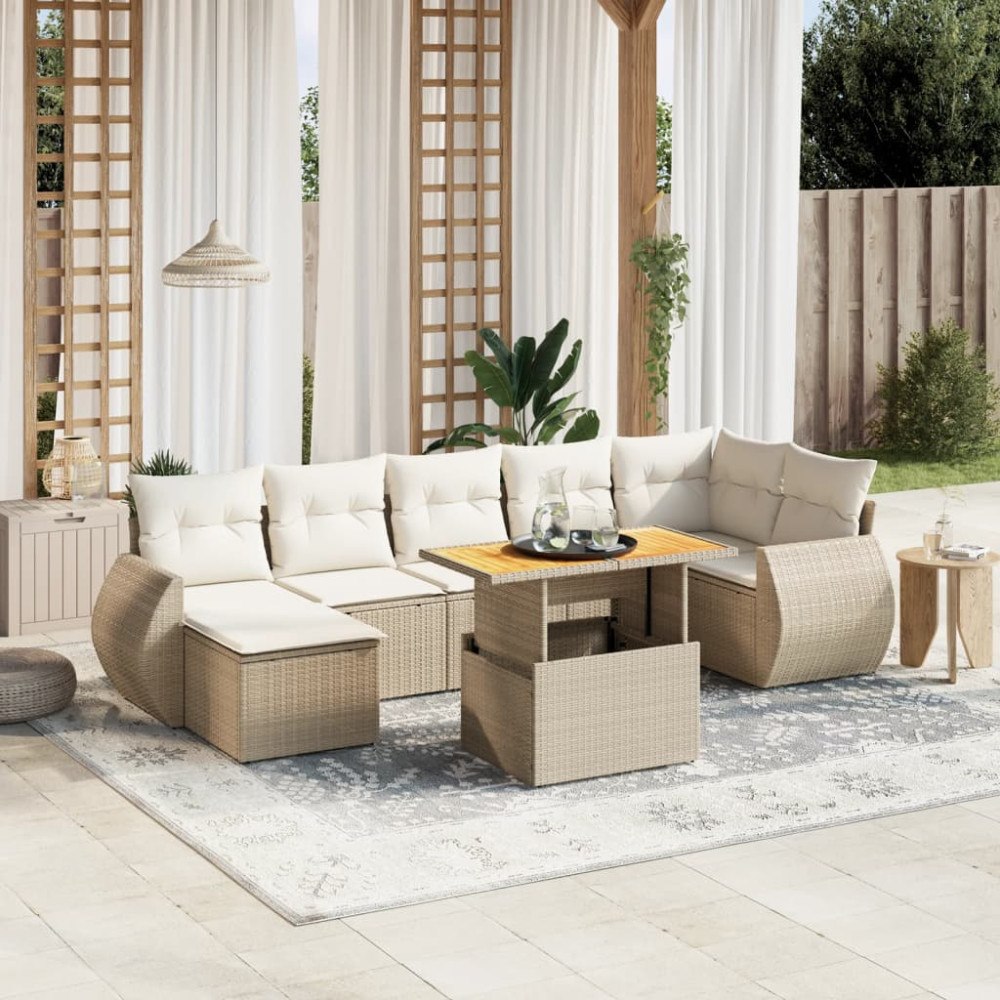 vidaXL Matgrupp för trädgården med dynor 8 delar beige konstrotting