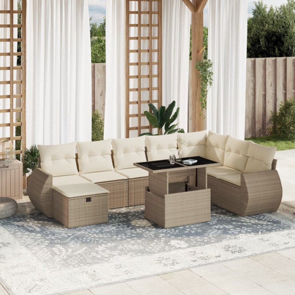 vidaXL Soffgrupp för trädgården med dynor 9 delar beige konstrotting