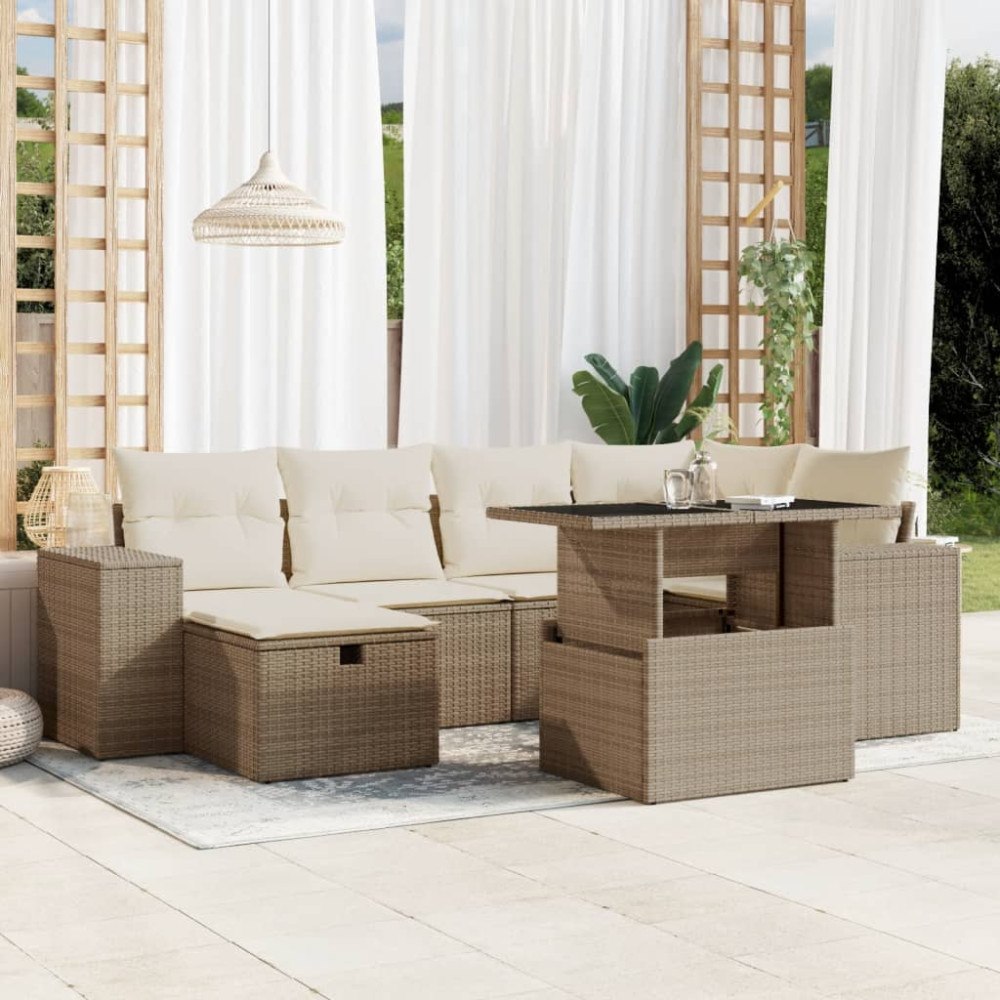 vidaXL Matgrupp för trädgården med dynor 7 delar beige konstrotting