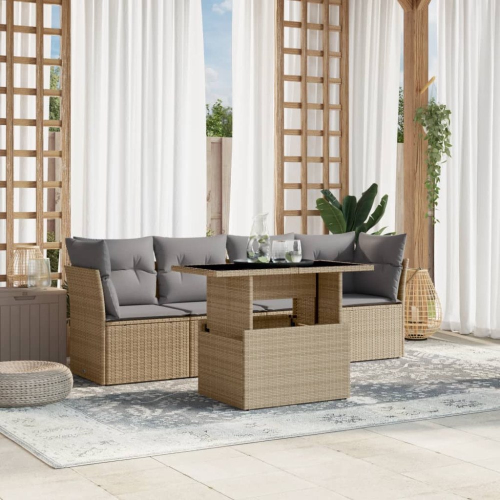 vidaXL Soffgrupp för trädgården med dynor 5 delar beige konstrotting
