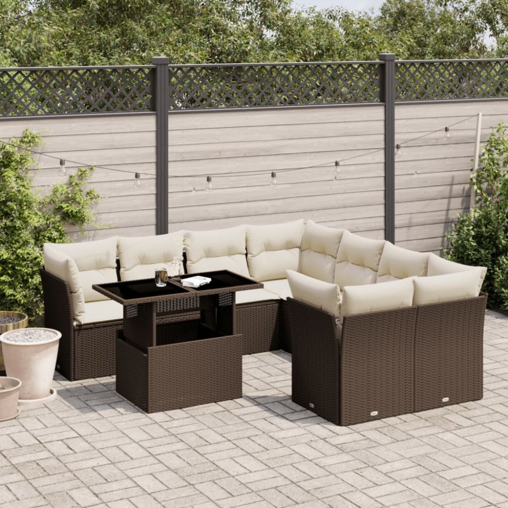 vidaXL Loungegrupp för trädgården med dynor 9 delar konstrotting brun
