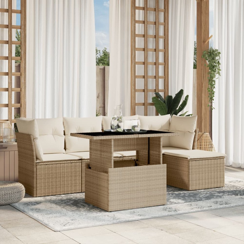 vidaXL Soffgrupp för trädgården med dynor 6 delar beige konstrotting