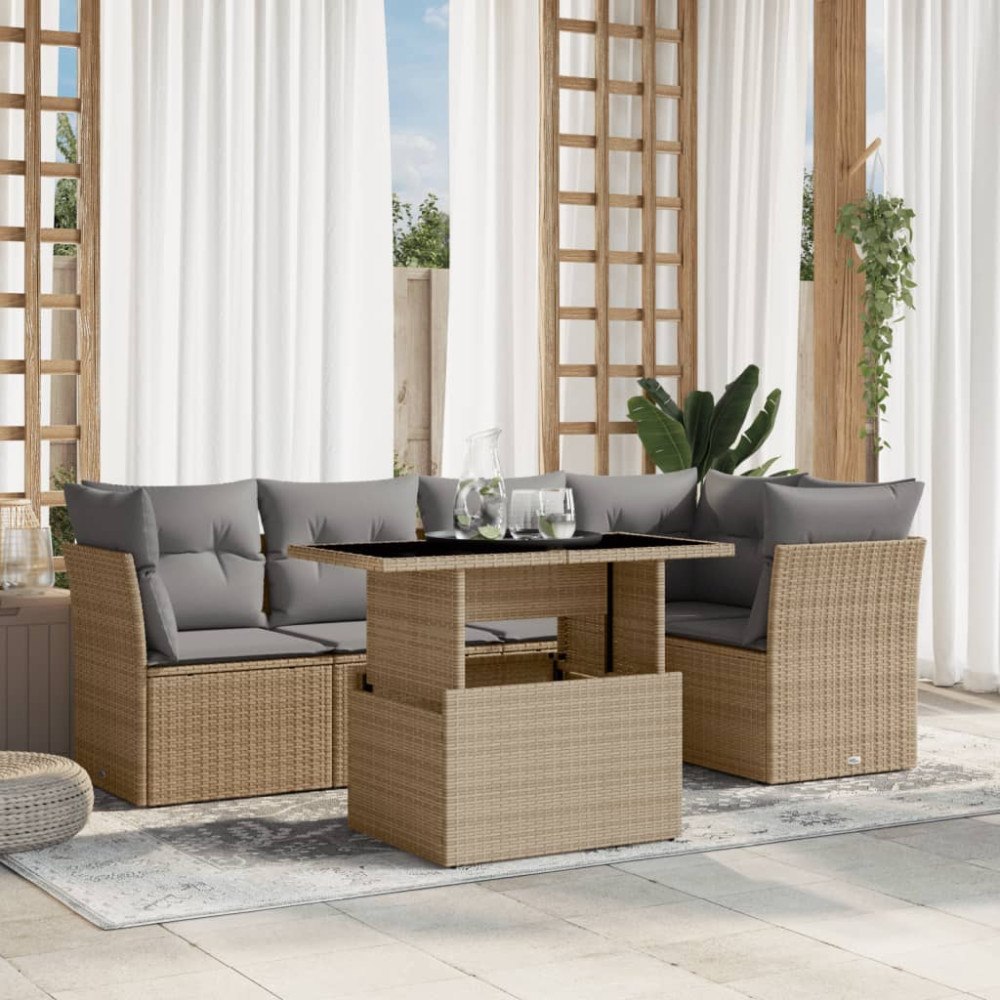 vidaXL Soffgrupp för trädgården med dynor 6 delar beige konstrotting