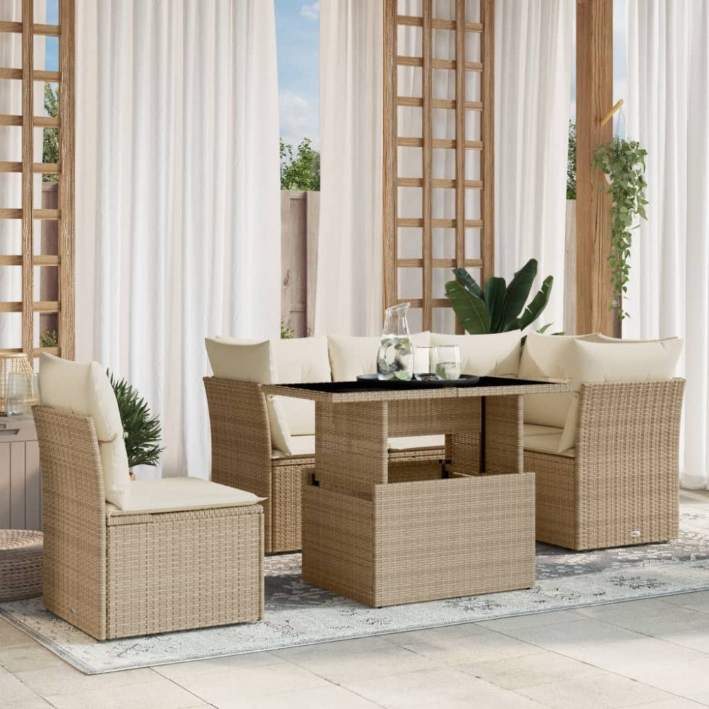 vidaXL Soffgrupp för trädgården med dynor 6 delar beige konstrotting