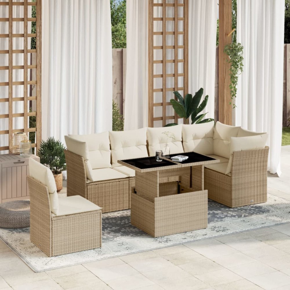 vidaXL Matgrupp för trädgården med dynor 7 delar beige konstrotting
