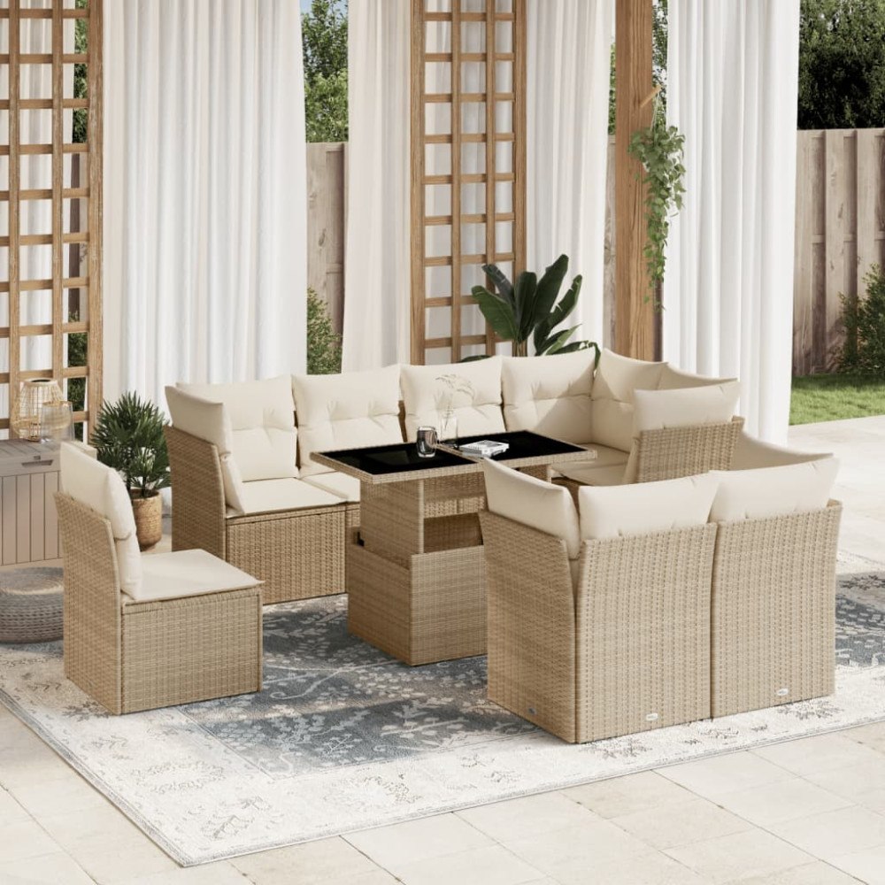 vidaXL Soffgrupp för trädgården med dynor 9 delar beige konstrotting