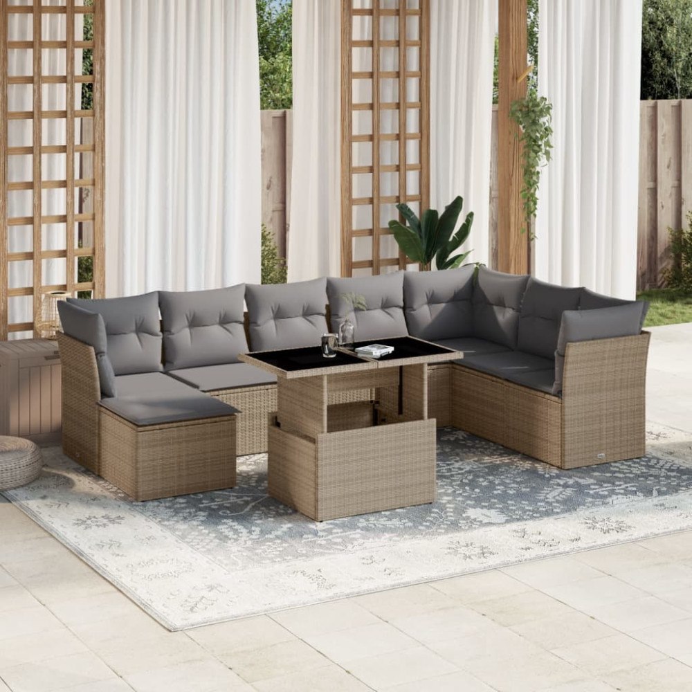 vidaXL Soffgrupp för trädgården med dynor 9 delar beige konstrotting