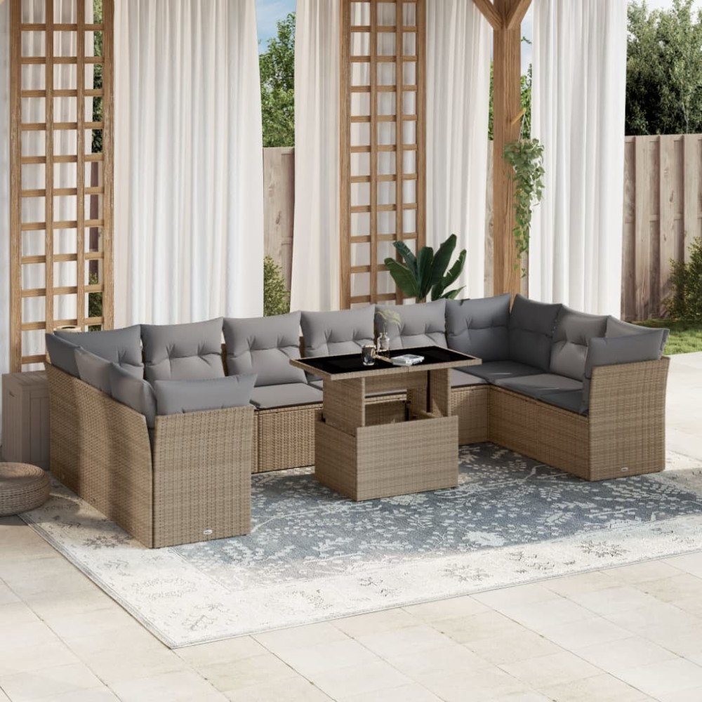 vidaXL Loungegrupp för trädgården m. dynor 11 delar beige konstrotting