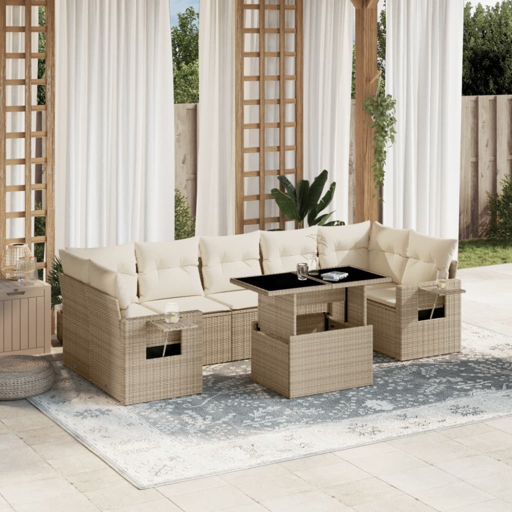 vidaXL Matgrupp för trädgården med dynor 8 delar beige konstrotting