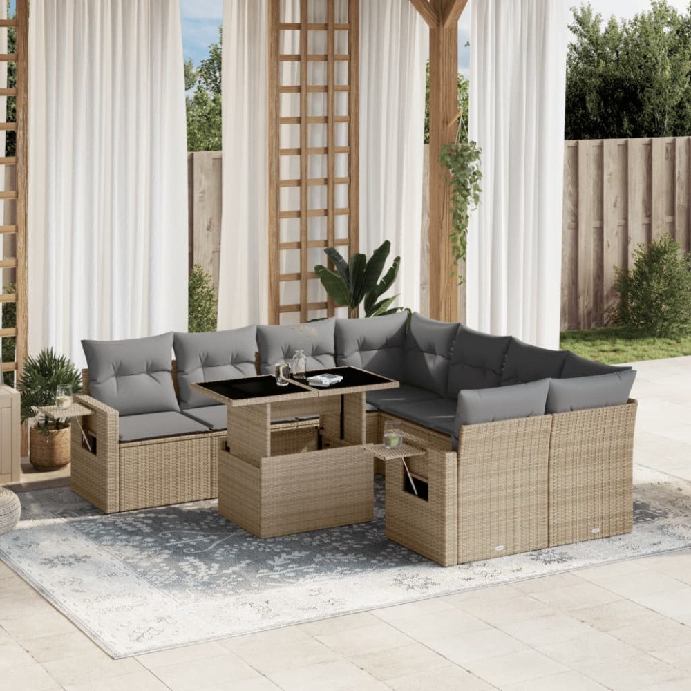 vidaXL Soffgrupp för trädgården med dynor 9 delar beige konstrotting