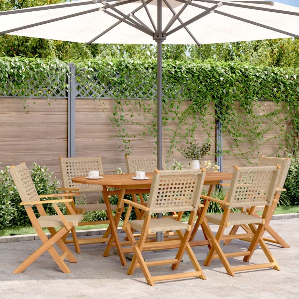 vidaXL Matgrupp för trädgården 7 delar beige konstrotting/massivt trä