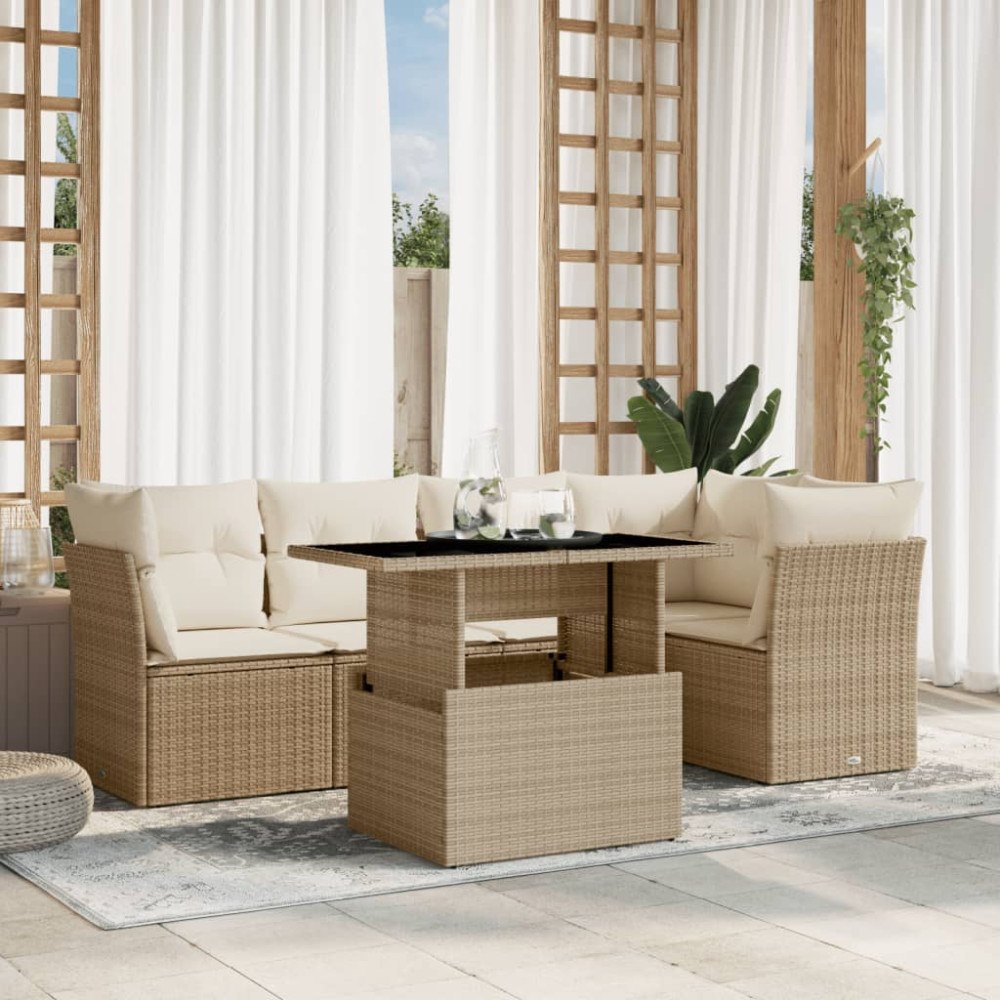 vidaXL Soffgrupp för trädgården med dynor 6 delar beige konstrotting