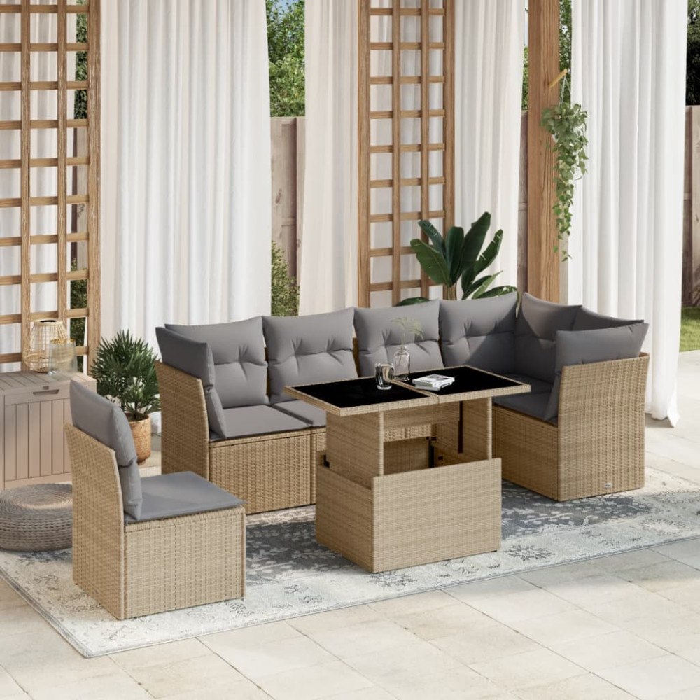 vidaXL Matgrupp för trädgården med dynor 7 delar beige konstrotting