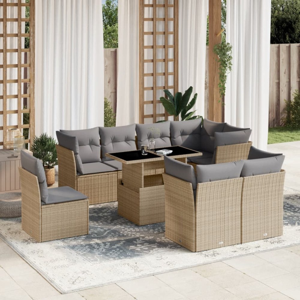 vidaXL Soffgrupp för trädgården med dynor 9 delar beige konstrotting