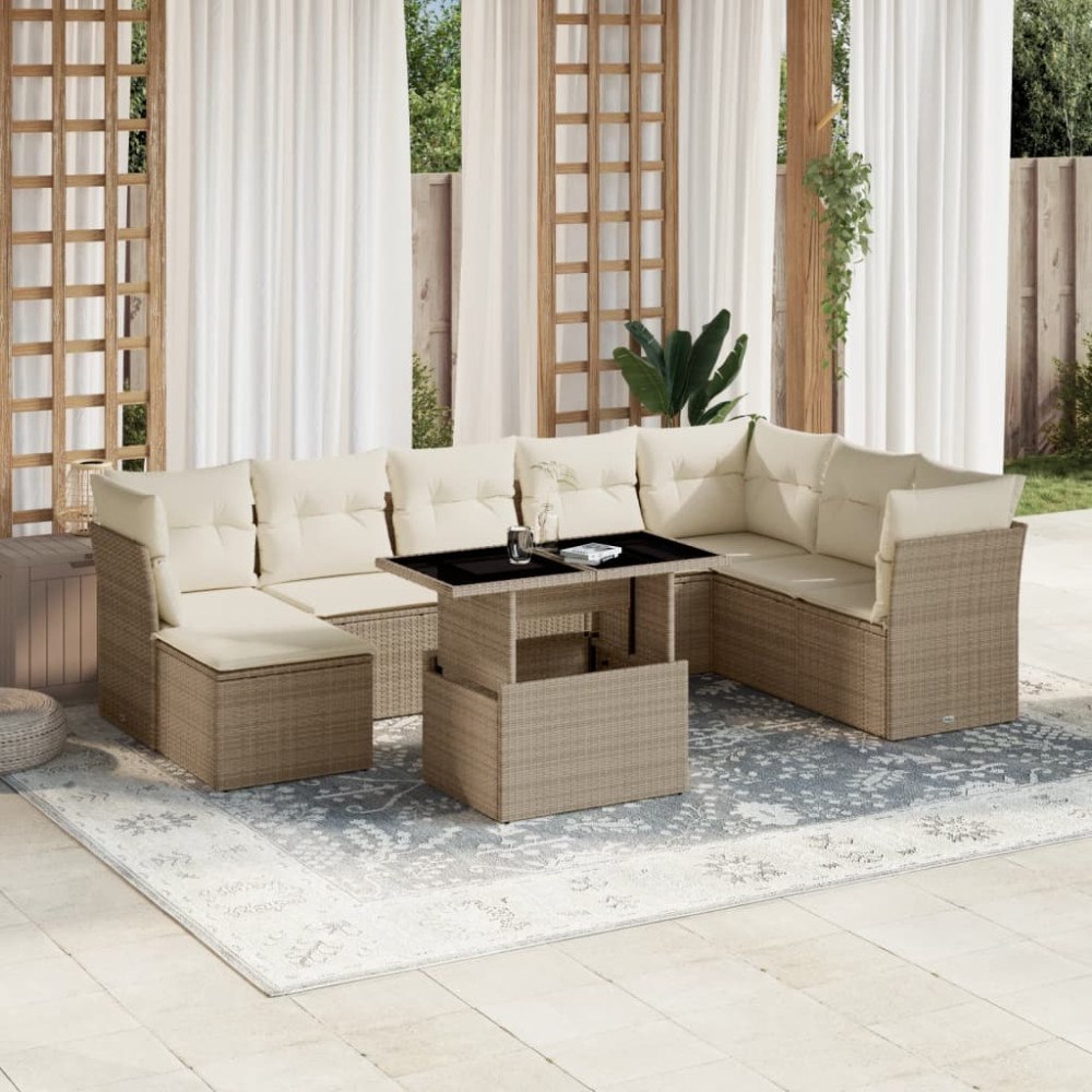 vidaXL Soffgrupp för trädgården med dynor 9 delar beige konstrotting