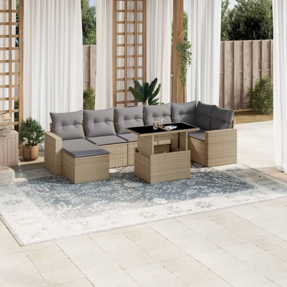 vidaXL Matgrupp för trädgården med dynor 8 delar beige konstrotting