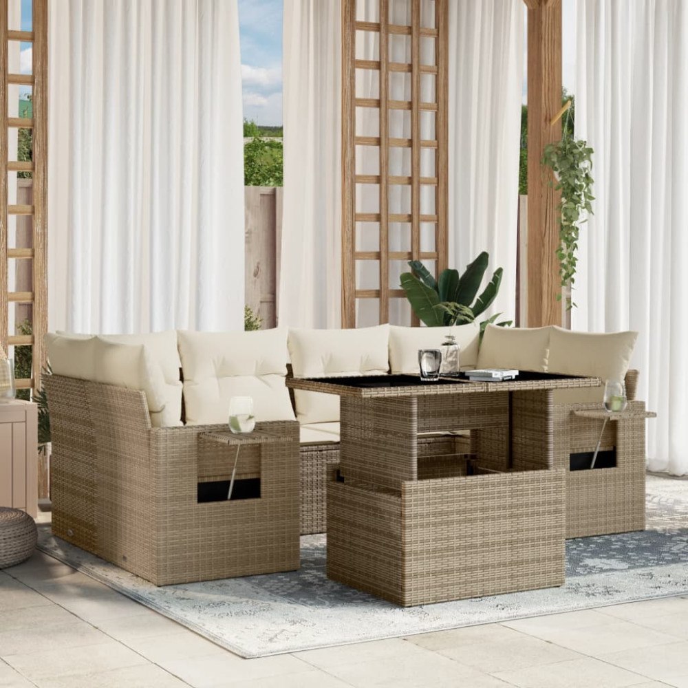 vidaXL Matgrupp för trädgården med dynor 7 delar beige konstrotting