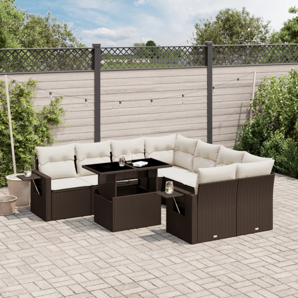 vidaXL Loungegrupp för trädgården med dynor 9 delar konstrotting brun