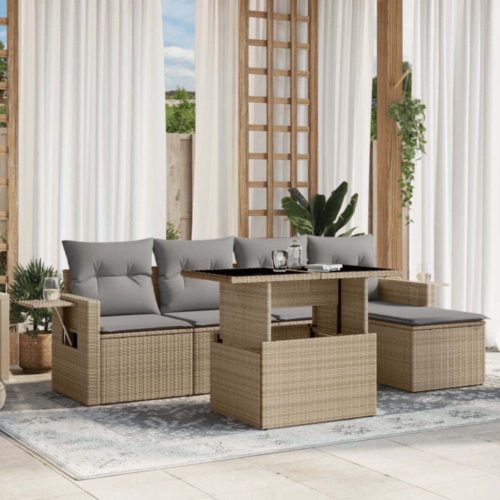 vidaXL Soffgrupp för trädgården med dynor 6 delar beige konstrotting