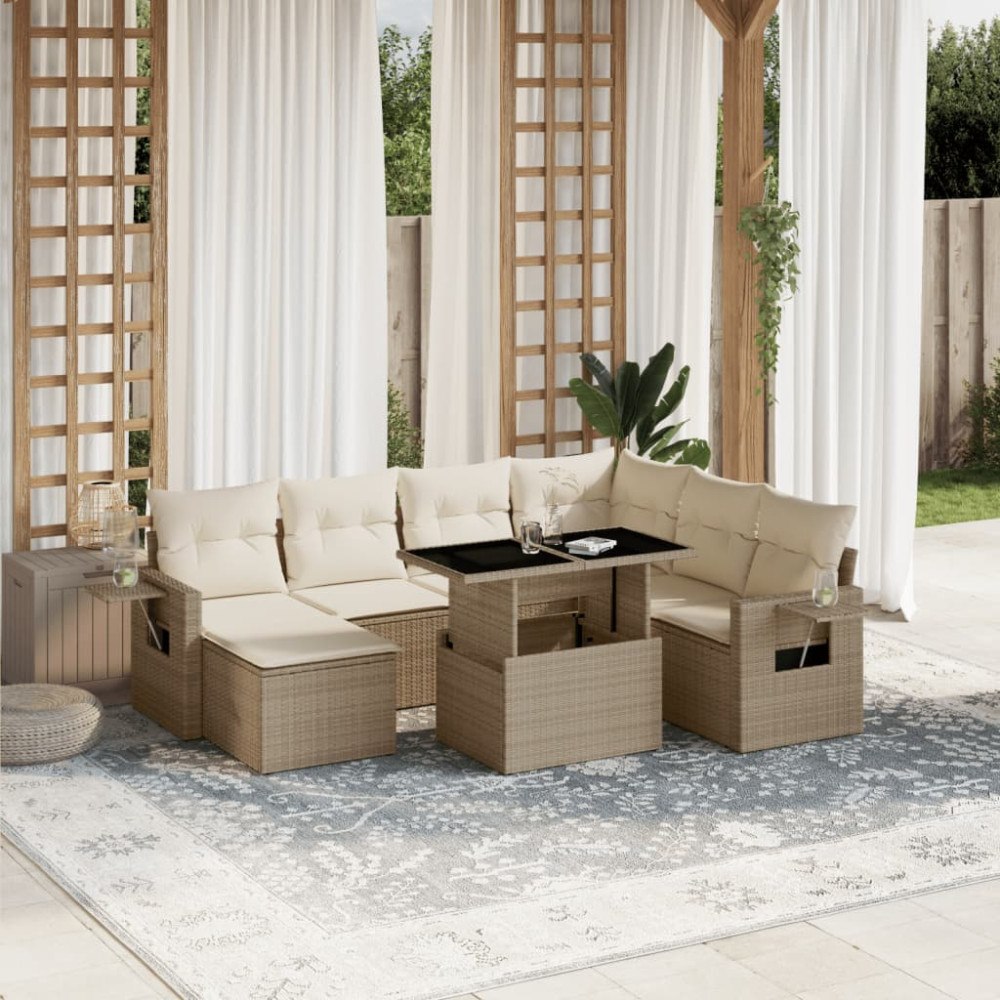 vidaXL Matgrupp för trädgården med dynor 8 delar beige konstrotting
