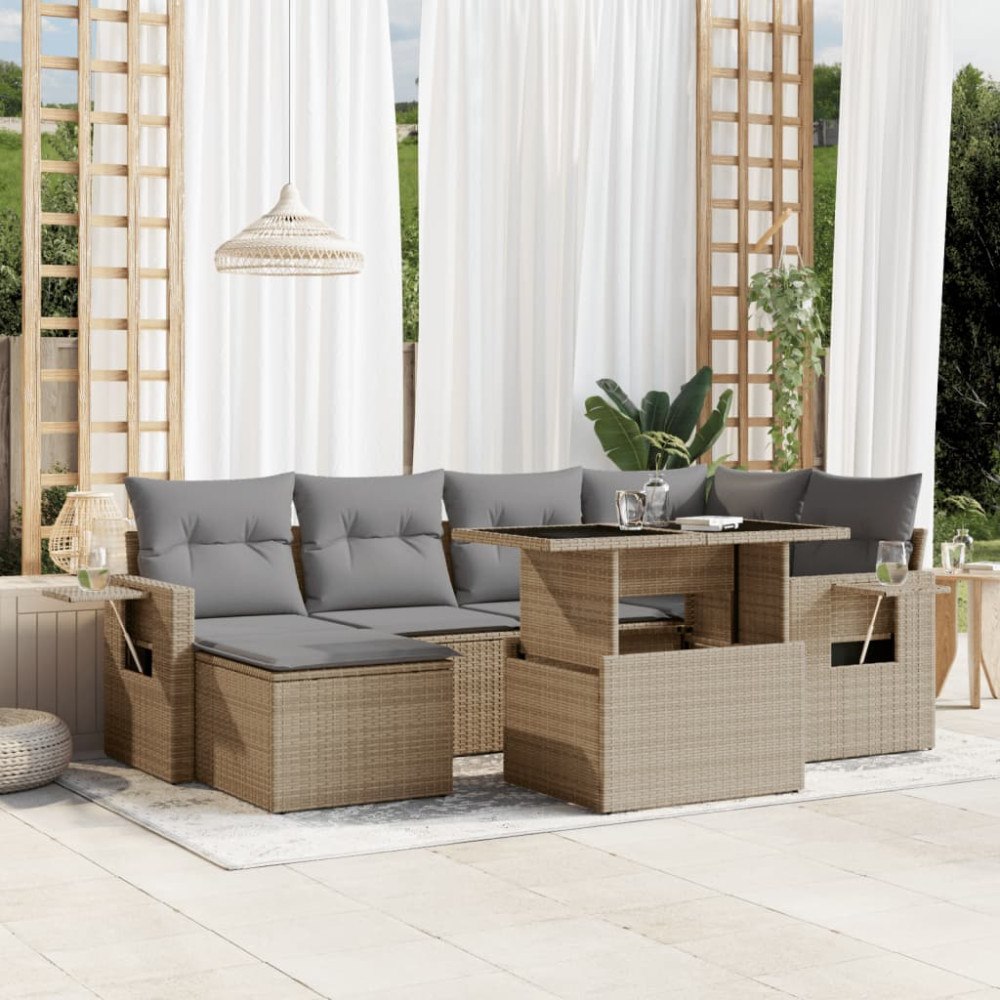 vidaXL Matgrupp för trädgården med dynor 7 delar beige konstrotting