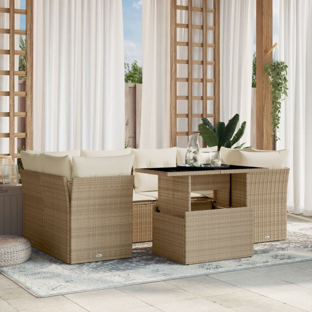 vidaXL Matgrupp för trädgården med dynor 7 delar beige konstrotting