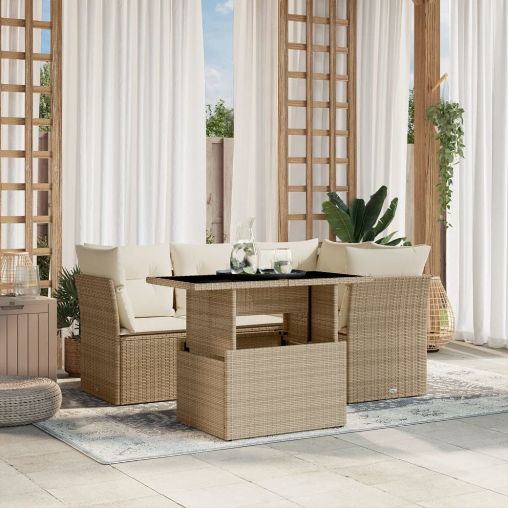 vidaXL Soffgrupp för trädgården med dynor 5 delar beige konstrotting