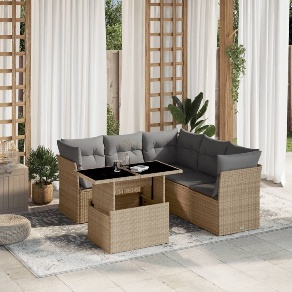 vidaXL Soffgrupp för trädgården med dynor 6 delar beige konstrotting