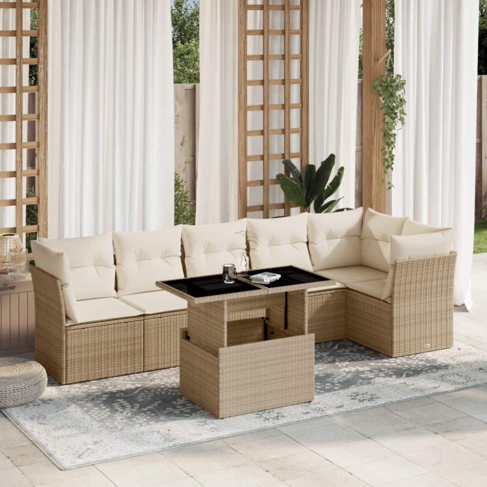 vidaXL Matgrupp för trädgården med dynor 7 delar beige konstrotting