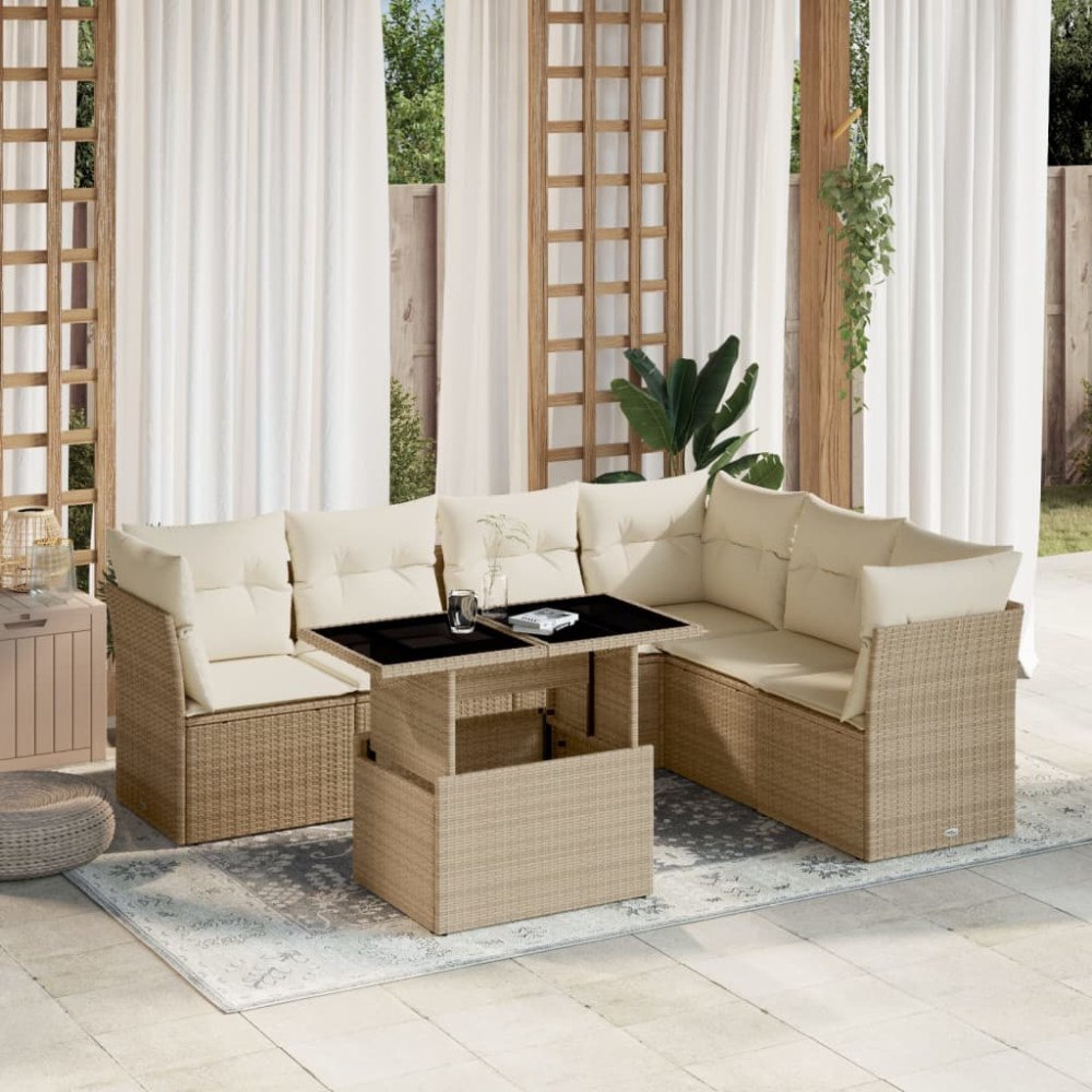 vidaXL Matgrupp för trädgården med dynor 7 delar beige konstrotting