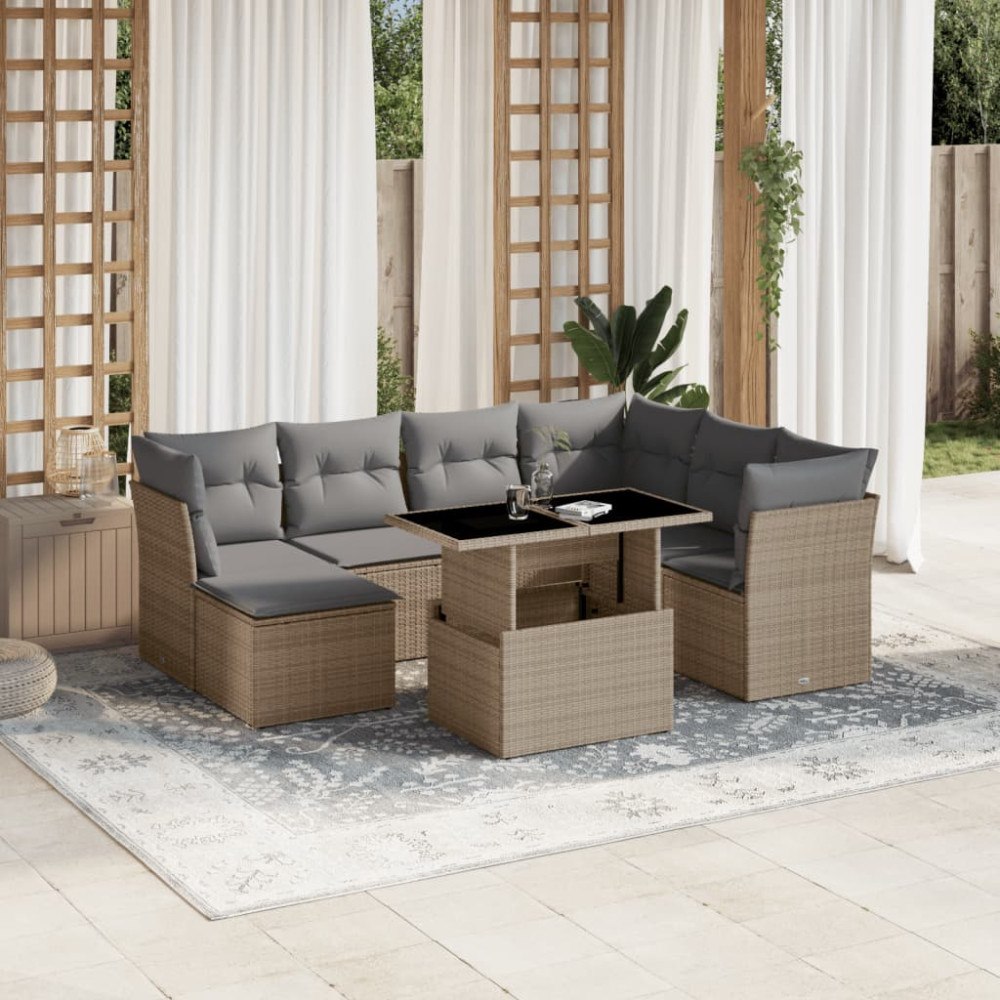 vidaXL Matgrupp för trädgården med dynor 8 delar beige konstrotting