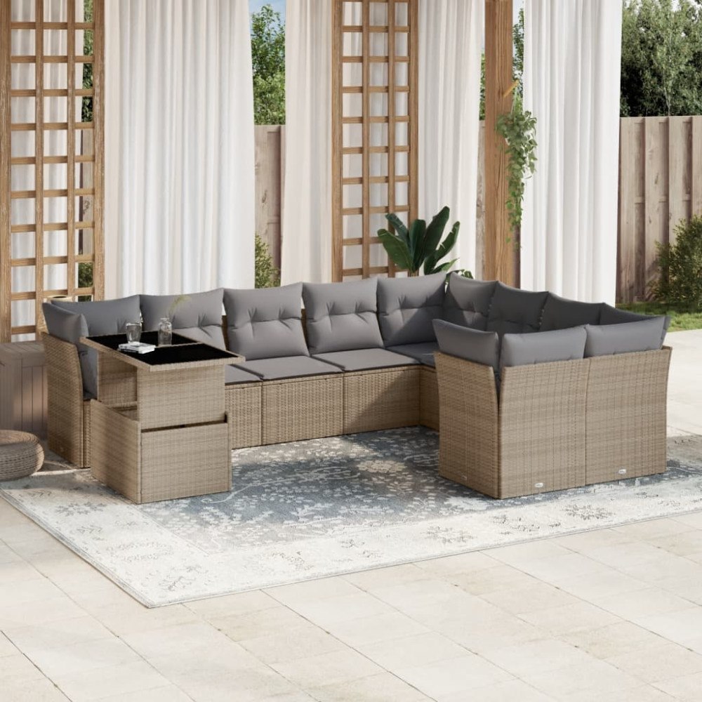 vidaXL Soffgrupp för trädgård med dynor 10 delar beige konstrotting