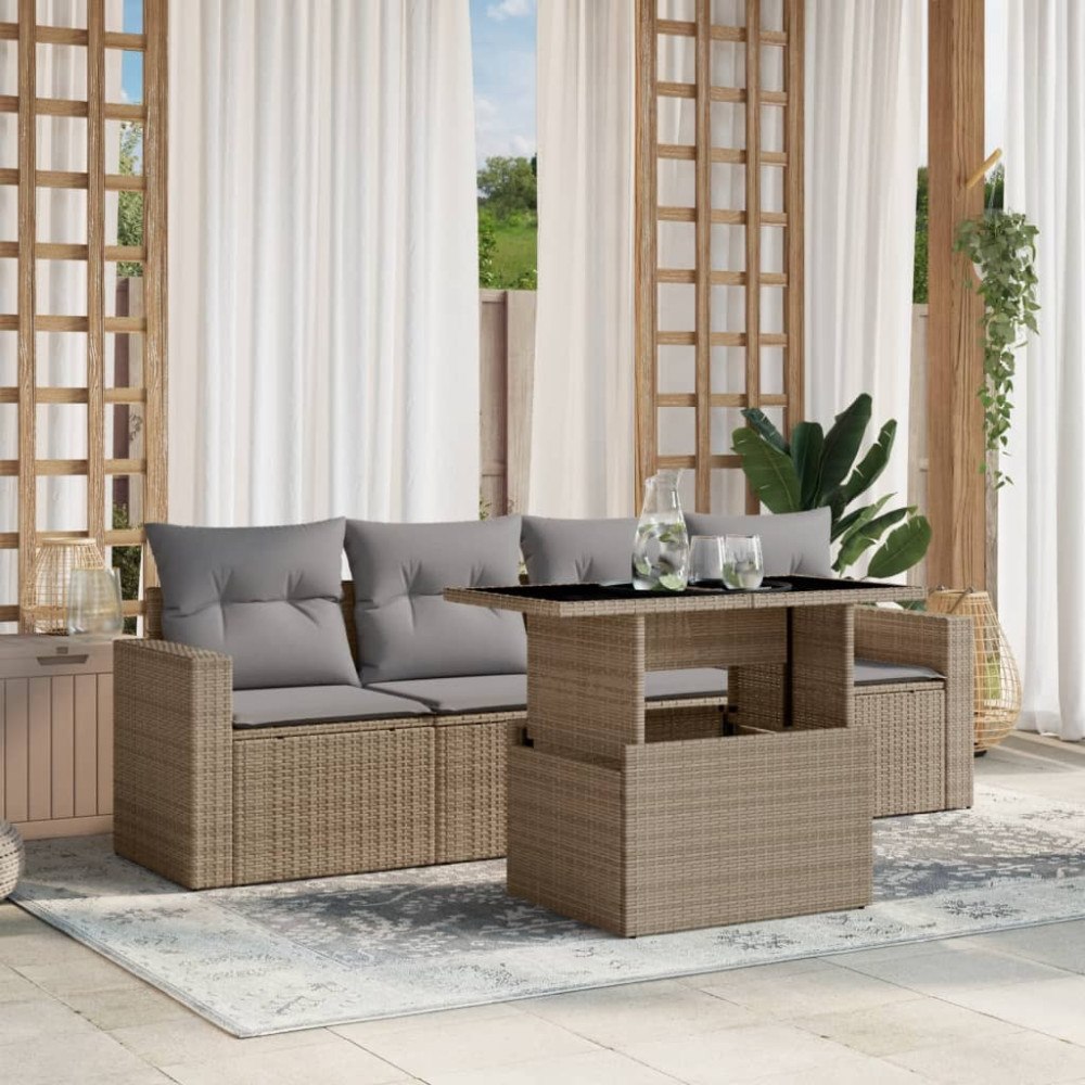 vidaXL Soffgrupp för trädgården med dynor 5 delar beige konstrotting