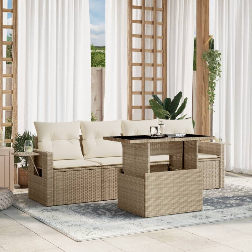 vidaXL Soffgrupp för trädgården med dynor 5 delar beige konstrotting