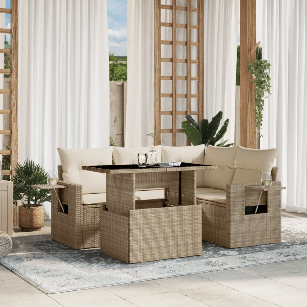 vidaXL Soffgrupp för trädgården med dynor 5 delar beige konstrotting