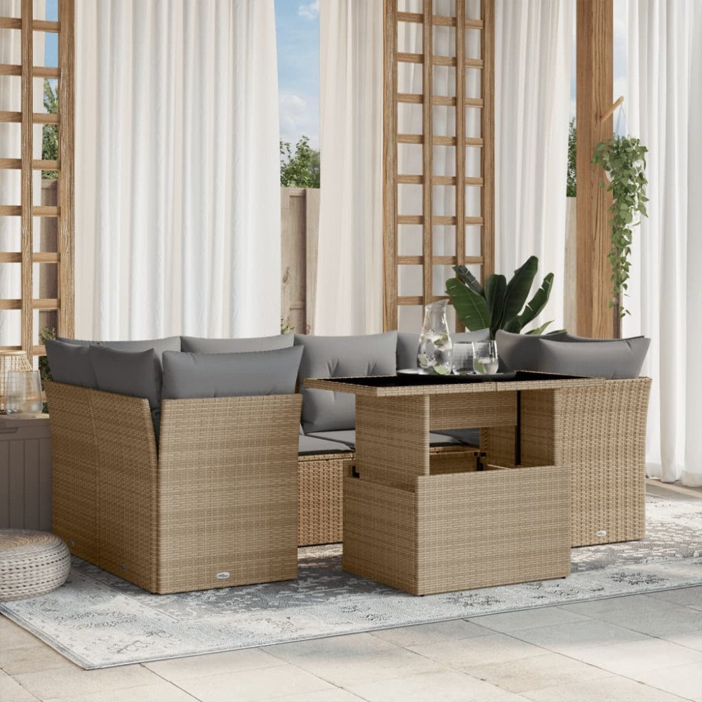 vidaXL Matgrupp för trädgården med dynor 7 delar beige konstrotting