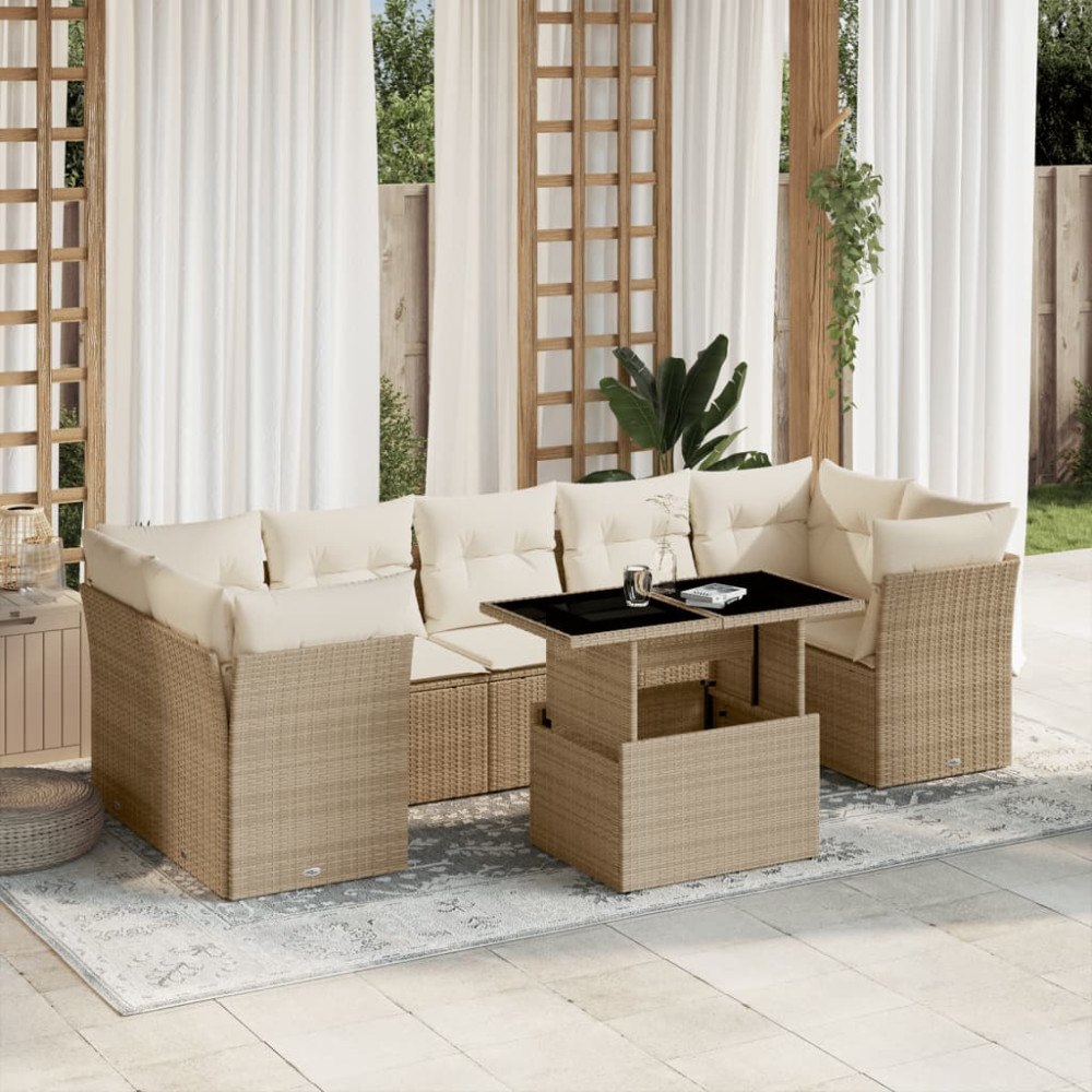 vidaXL Matgrupp för trädgården med dynor 8 delar beige konstrotting
