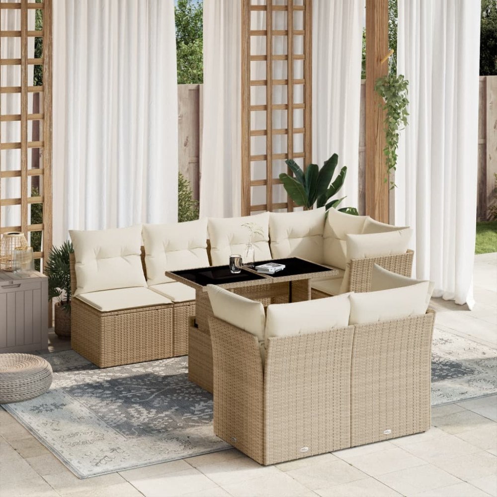 vidaXL Matgrupp för trädgården med dynor 8 delar beige konstrotting
