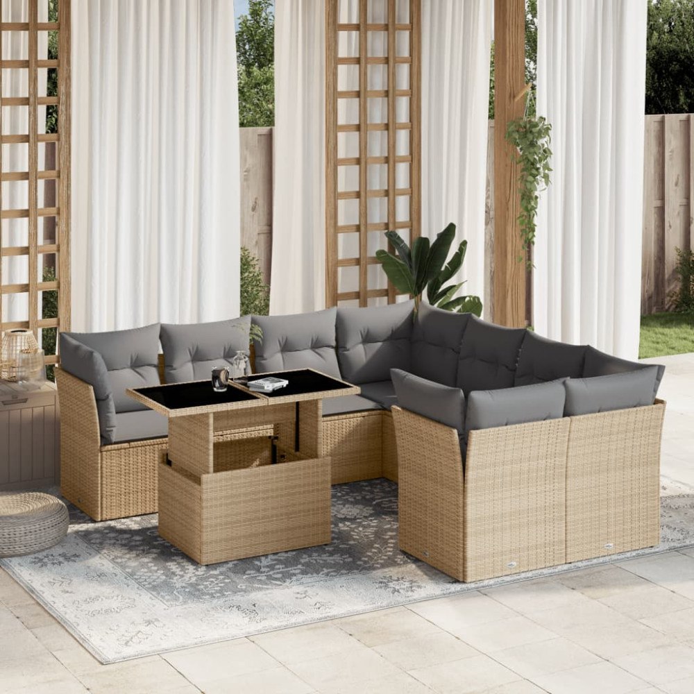 vidaXL Soffgrupp för trädgården med dynor 9 delar beige konstrotting