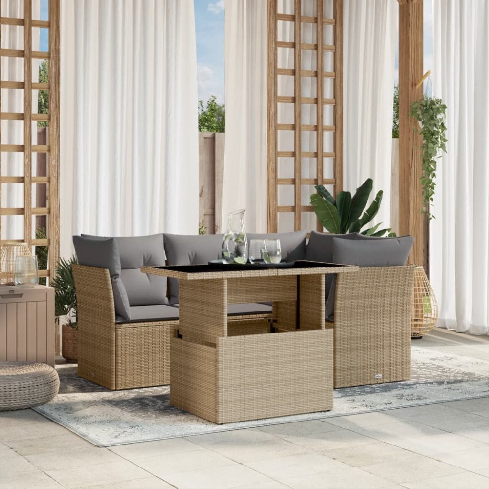vidaXL Soffgrupp för trädgården med dynor 5 delar beige konstrotting