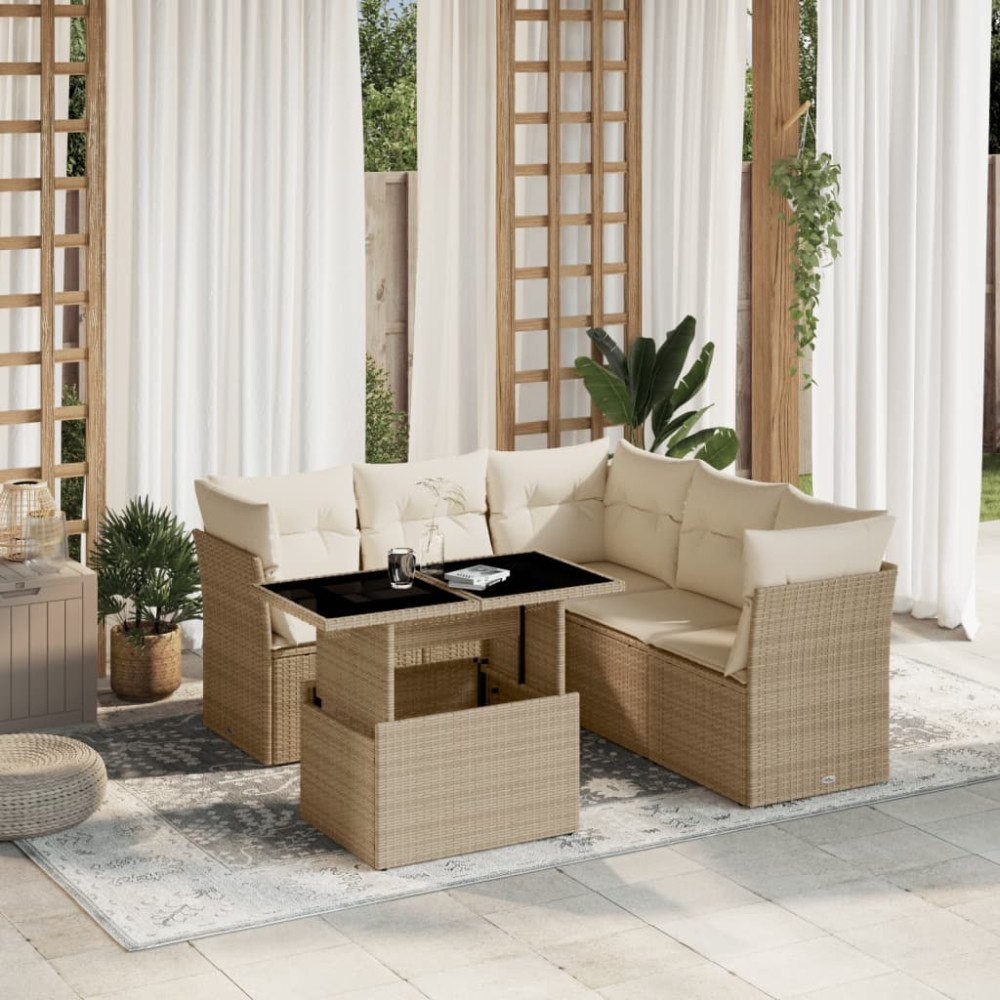 vidaXL Soffgrupp för trädgården med dynor 6 delar beige konstrotting