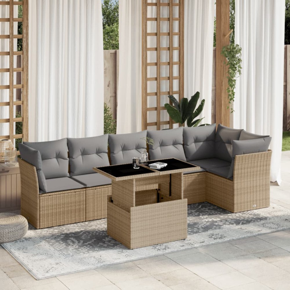 vidaXL Matgrupp för trädgården med dynor 7 delar beige konstrotting