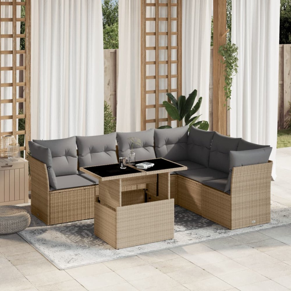 vidaXL Matgrupp för trädgården med dynor 7 delar beige konstrotting