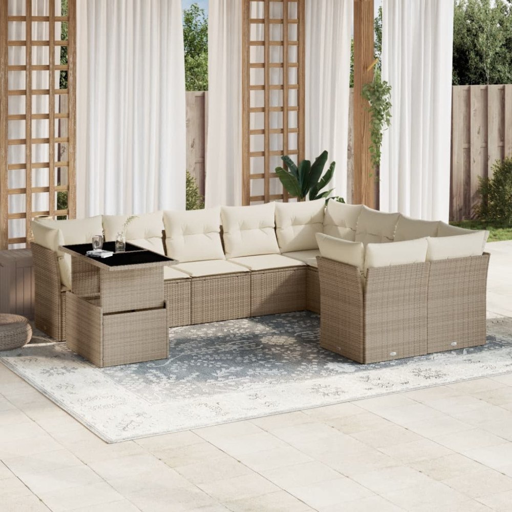 vidaXL Soffgrupp för trädgård med dynor 10 delar beige konstrotting